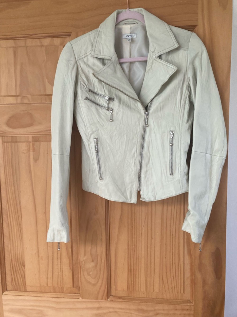 Cache Light Cream Leather Moto Jacket with Silver Zippers